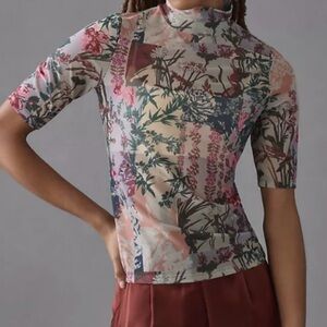 by Anthropologie Sheer Mesh Floral Top with Three-Quarter Length Sleevess